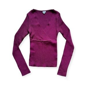 Vintage Burgundy Plum Long Sleeve Knit Wrap V-Neck Sweater - Sz S